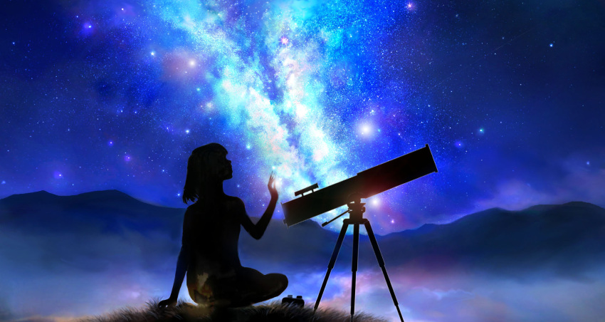 00 1girl arm_support arm_up grass highres long_hair mountain night night_sky original outdoors sitting sky starry