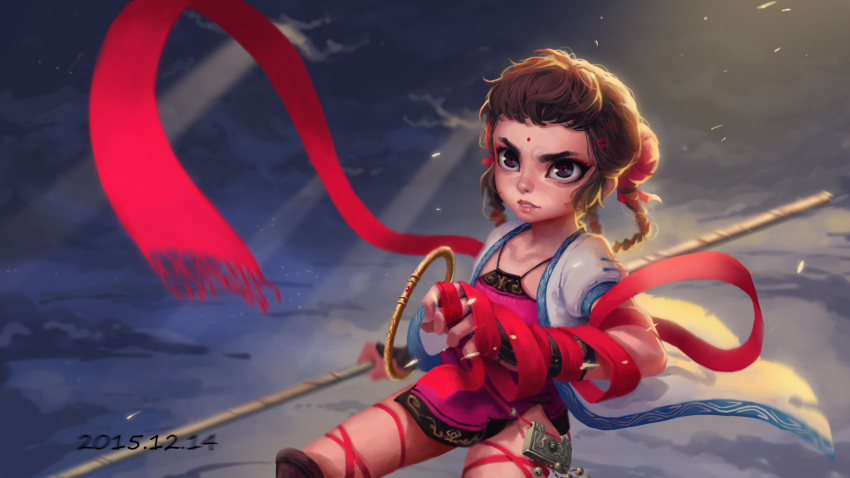 1girl blue_eyes brown_hair character_request clouds cloudy_sky collarbone copyright_request dated highres holding holding_sword holding_weapon looking_at_viewer luode_huayuan medium_hair parted_lips sky solo sword weapon