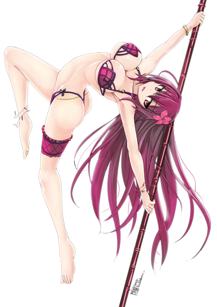 1girl ass bikini blush bracelet breasts cleavage contortion fate/grand_order fate_(series) flexible flower gae_bolg hair_flower hair_ornament highres jewelry large_breasts long_hair looking_at_viewer navel open_mouth polearm purple_hair red_eyes scathach_(fate/grand_order) scathach_(swimsuit_assassin)_(fate) smile solo spear swimsuit tokihama_jirou weapon white_background