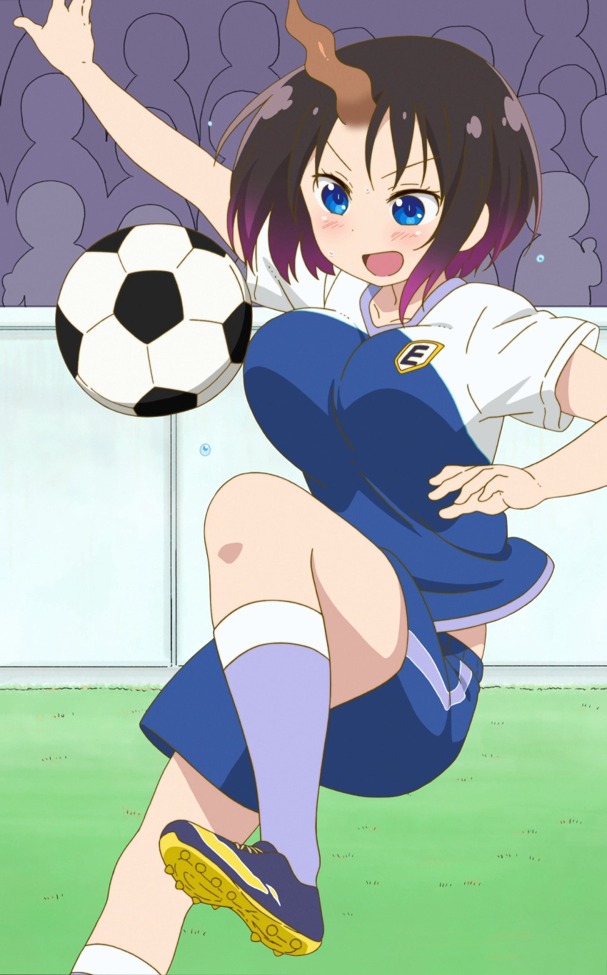 1girl absurdres ball black_hair blue_eyes blush breasts dragon_girl dragon_horns elma_(maidragon) gradient_hair highres horn horns kobayashi-san_chi_no_maidragon large_breasts multicolored_hair open_mouth playing_sports purple_hair short_hair smile soccer soccer_ball soccer_uniform solo sport sportswear