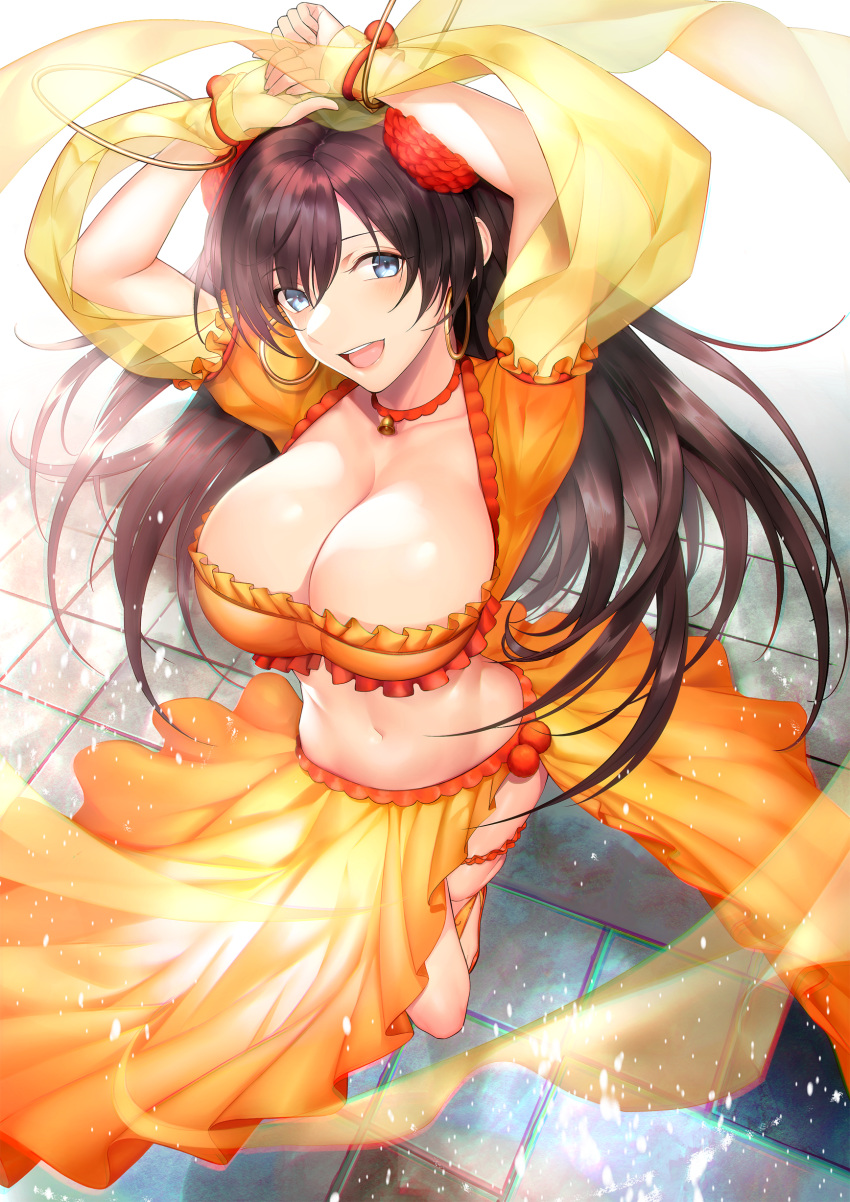 1girl :d absurdres bell bell_choker blue_eyes bracelet breasts brown_hair choker cleavage earrings fate/grand_order fate_(series) highres jewelry large_breasts long_hair looking_at_viewer mata_hari_(fate/grand_order) midriff navel open_mouth sandals smile solo standing teeth very_long_hair yagitome87