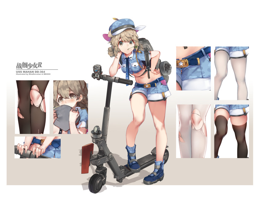 1girl bangs bare_legs blue_boots blue_shirt blue_shorts boots breast_pocket camouflage character_name closed_mouth collared_shirt copyright_name crop_top eyebrows_visible_through_hair flat_cap grey_eyes grey_hair ground_vehicle hand_in_hair hand_on_hip hat highres looking_at_viewer mahan_(zhan_jian_shao_nyu) midriff motor_vehicle mouth_hold multiple_views navel pocket rigging scooter shirt short_sleeves shorts thighs windforcelan zhan_jian_shao_nyu