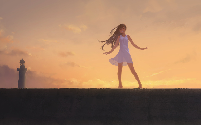 1girl barefoot brown_hair closed_eyes clouds commentary_request dress dusk grin highres lighthouse long_hair original outdoors rias-coast scenery smile sunset twilight white_dress yellow_sky