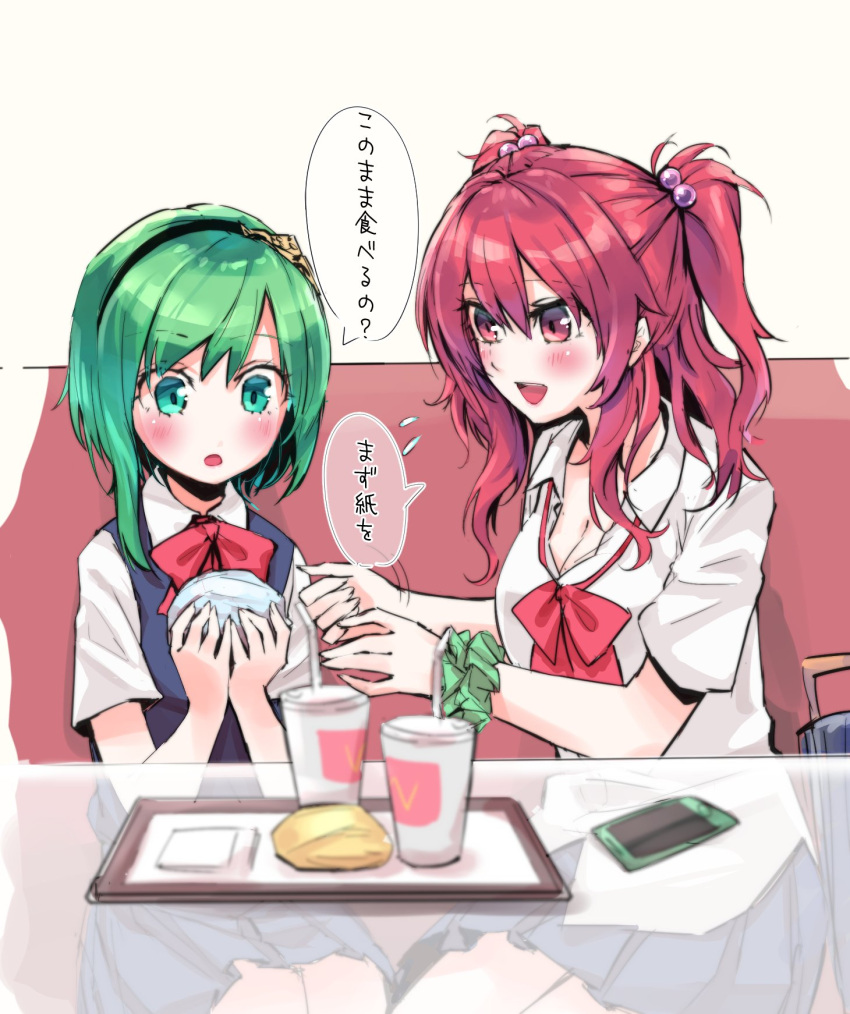 2girls aqua_eyes bangs blue_skirt blush bow bowtie bracelet breasts cellphone cleavage collared_shirt cup drink eyebrows_visible_through_hair flying_sweatdrops food green_hair hair_between_eyes hair_bobbles hair_ornament hairband hamburger highres holding holding_food jewelry mappe_(778exceed) medium_breasts multiple_girls onozuka_komachi open_mouth phone pleated_skirt red_bow red_bowtie red_eyes redhead school_uniform scrunchie shiki_eiki shirt short_sleeves sidelocks sitting skirt sleeveless smartphone speech_bubble touhou translated tray twintails white_shirt wrist_scrunchie