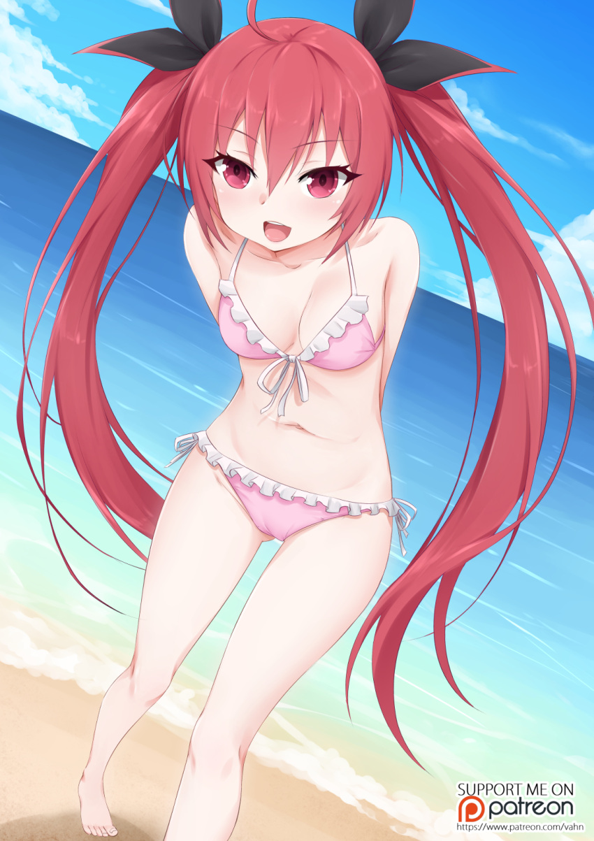 1girl :q arms_behind_back artist_name bikini blush breasts collarbone cowboy_shot date_a_live eyebrows_visible_through_hair hair_ornament hair_ribbon highres itsuka_kotori long_hair looking_at_viewer medium_breasts navel open_mouth outdoors patreon_logo patreon_username red_eyes redhead ribbon smile solo stomach striped striped_bikini striped_swimsuit swimsuit thigh-highs tied_hair tongue tongue_out twintails under_boob vahn_yourdoom