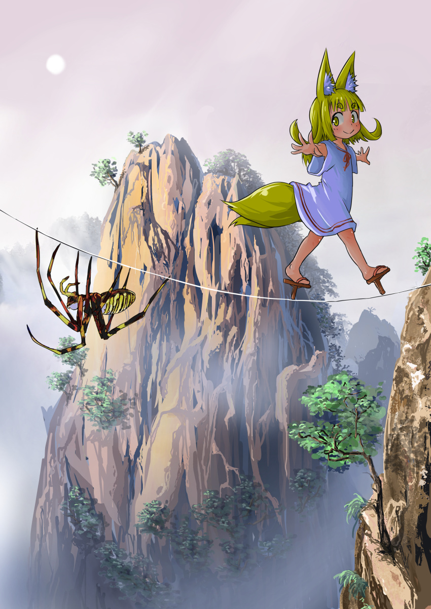 1girl absurdres animal animal_ears balancing blonde_hair blue_dress child doitsuken dress eyebrows_visible_through_hair flat_chest fox_ears fox_girl fox_tail geta giant_spider highres landscape looking_back mountain multiple_tails original outstretched_arms oversized_animal rope scenery sky smile spread_arms sun tail tengu-geta thick_eyebrows tree walking yellow_eyes