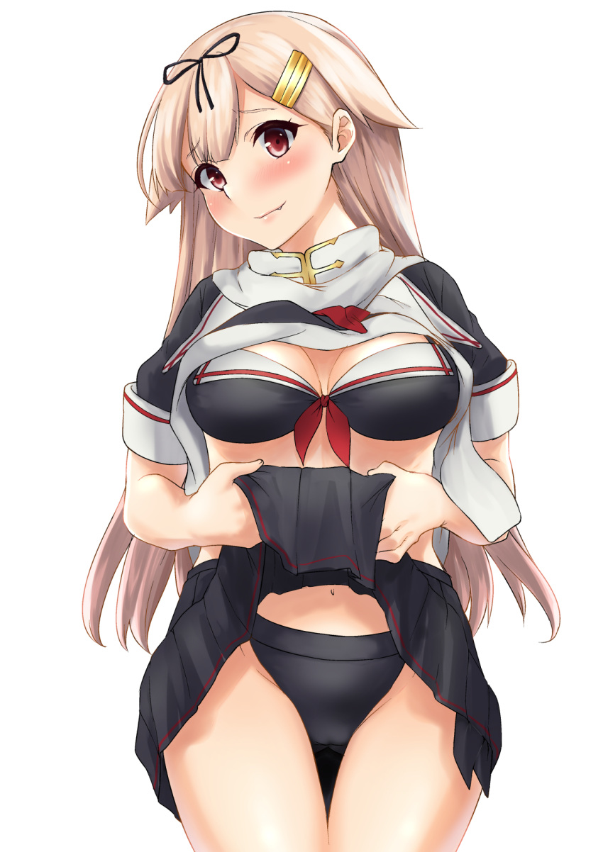 10s 1girl bikini bikini_under_clothes black_bikini black_ribbon black_serafuku black_skirt blonde_hair breasts cowboy_shot fang front-tie_top gradient_hair hair_flaps hair_ornament hair_ribbon hairclip haregama_shiina highres kantai_collection long_hair medium_breasts multicolored_hair neckerchief pleated_skirt red_eyes red_neckerchief remodel_(kantai_collection) ribbon scarf school_uniform serafuku shirt_lift simple_background skirt skirt_lift solo standing straight_hair swimsuit swimsuit_under_clothes white_background white_scarf yuudachi_(kantai_collection)