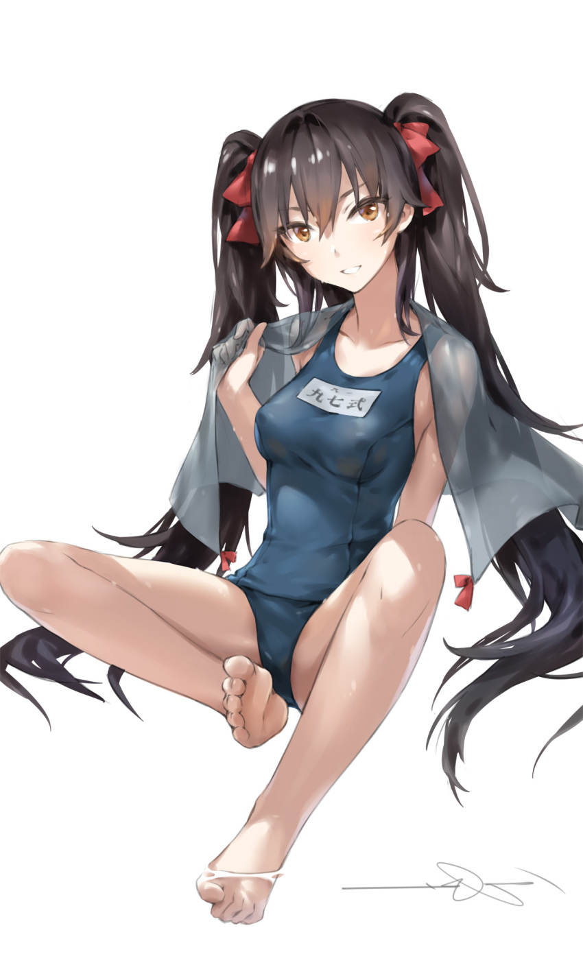 1girl :d bangs barefoot black_hair bow breasts brown_eyes collarbone commentary_request feet girls_frontline hair_between_eyes hair_bow highres long_hair looking_at_viewer medium_breasts name_tag one-piece_swimsuit open_mouth qbz-97_(girls_frontline) red_bow school_swimsuit sidelocks simple_background sitting smile soaking_feet soles solo swimsuit teeth toes towel towel_around_neck twintails very_long_hair white_background xie_yizhen