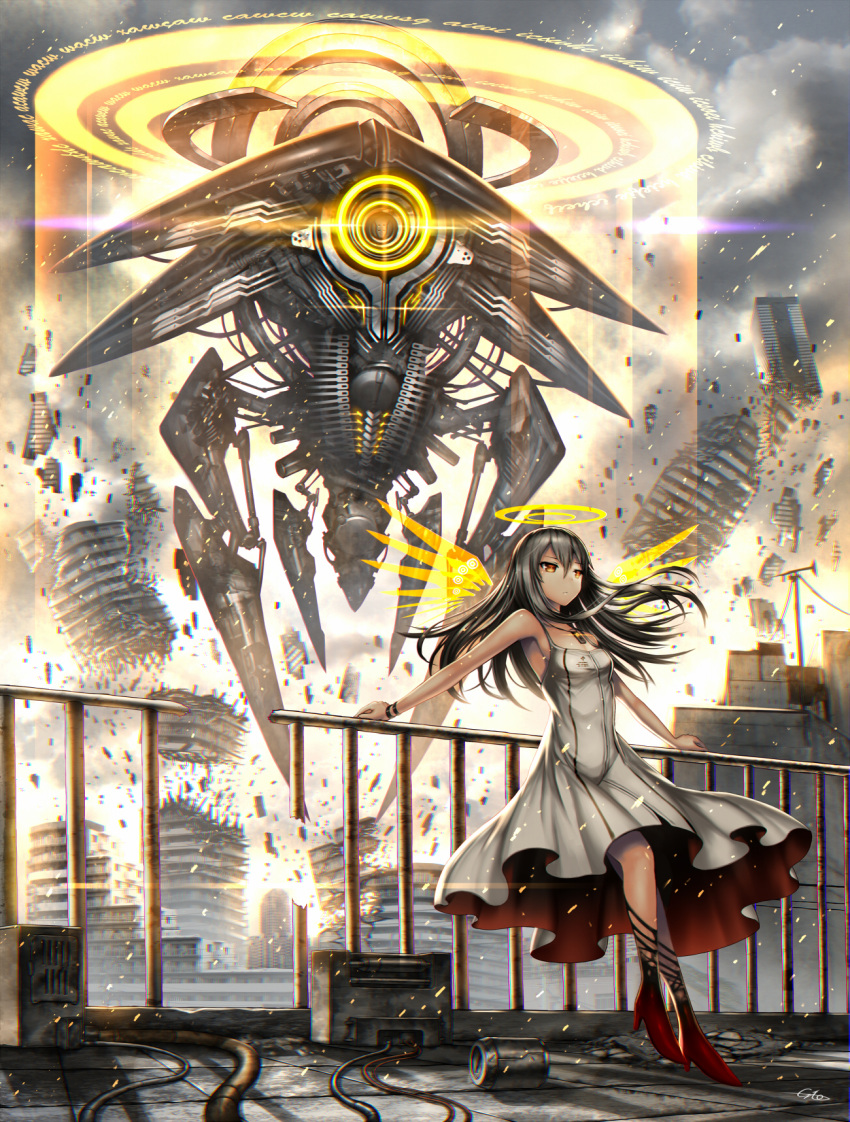 1girl cable cityscape clouds cloudy_sky commentary_request destruction dress explosion gia grey_hair halo high_heels highres leaning_back long_hair looking_afar mecha original railing red_eyes robot scp-2000 scp_foundation silver_hair sky solo white_dress wings