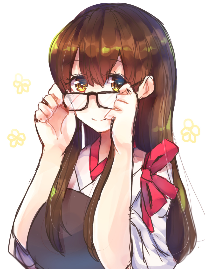 10s 1girl adjusting_glasses akagi_(kantai_collection) bespectacled blush brown_eyes brown_hair glasses highres japanese_clothes kantai_collection long_hair looking_at_viewer mochiko_(mocchikkoo) muneate simple_background smile solo tasuki upper_body white_background