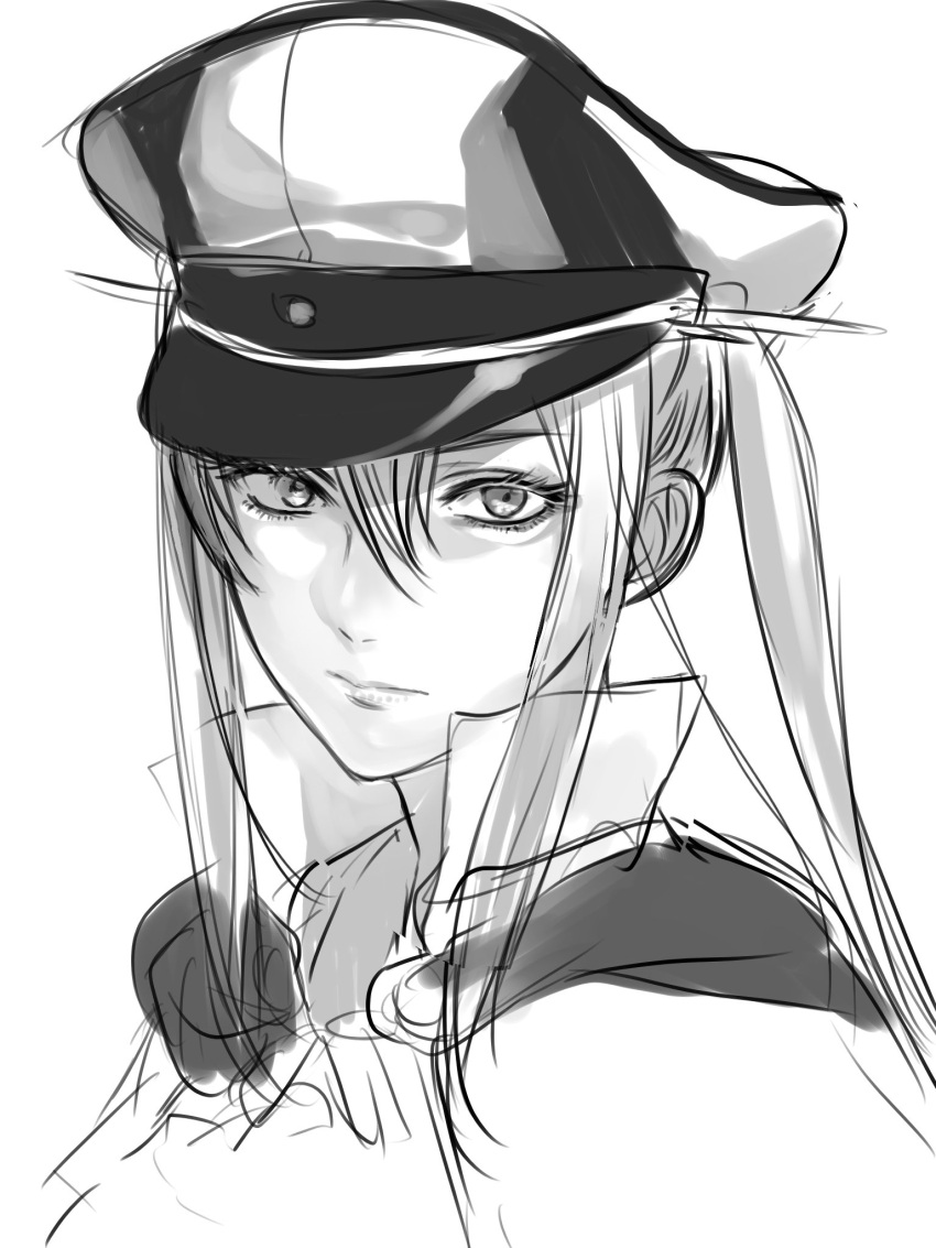 10s 1girl capelet closed_mouth commentary graf_zeppelin_(kantai_collection) greyscale hair_between_eyes hat highres hoshino_(cona) kantai_collection long_hair looking_at_viewer military military_hat monochrome peaked_cap shaded_face sidelocks simple_background solo twintails upper_body white_background