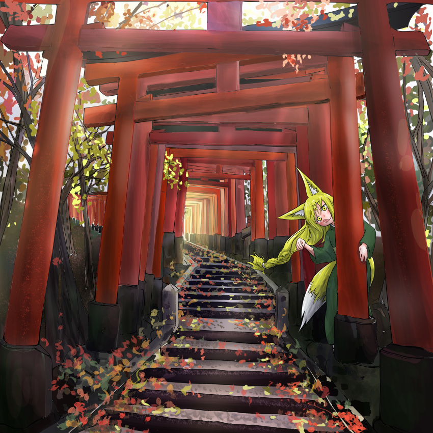 1girl :d absurdres animal_ears autumn_leaves blonde_hair commentary_request doitsuken forest fox_ears fox_girl fox_tail green_kimono head_tilt hiding highres japanese_clothes kimono leaf leaning long_hair looking_at_viewer low_tied_hair multiple_torii nature open_mouth original smile solo stairs tail tongue tongue_out torii yellow_eyes