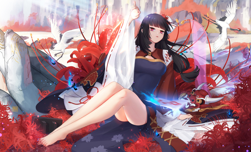 1girl bangs barefoot bird black_hair blunt_bangs crane_(animal) floral_print flower hand_support highres japanese_clothes long_hair mask mask_removed miko nail_polish ofuda onmyoji red_eyes red_nails sitting solo spider_lily sunlight yubo-w