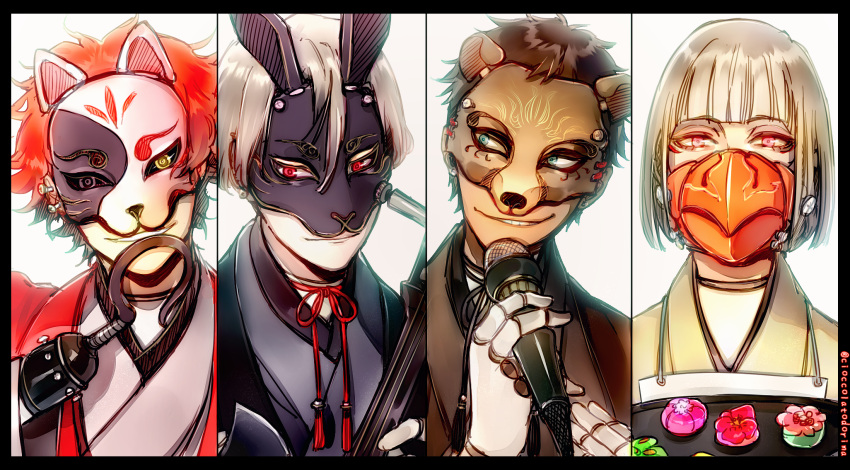 4boys bear_mask bird_mask black_border blue_hair bonnie_(fnaf) border brown_hair bunny_mask chica column_lineup five_nights_at_freddy's food fox_mask foxy_(fnaf) freddy_fazbear grey_eyes grey_eyes heterochromia highres hook_hand instrument japanese_clothes mask microphone multiple_boys personification pink_eyes red_eyes redhead rosel-d shamisen short_hair simple_background smile tray upper_body wagashi white_background yellow_eyes