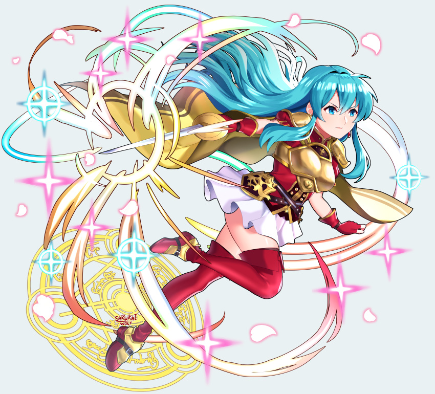 1girl absurdres aqua_hair armor boots breastplate cape earring_removed eirika_(fire_emblem) fighting_stance fingerless_gloves fire_emblem fire_emblem:_the_sacred_stones gloves highres holding holding_sword holding_weapon huge_filesize long_hair rapier red_gloves red_legwear sarukaiwolf short_sleeves signature simple_background skirt solo sword thigh-highs thigh_boots weapon white_skirt zettai_ryouiki