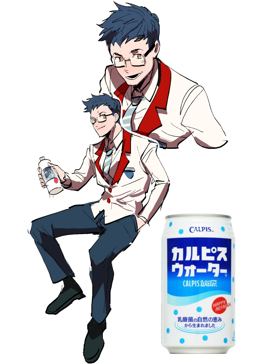 1boy blue_hair bottle brown_eyes calpis glasses glasses_enthusiast hand_in_pocket highres looking_at_viewer male_focus necktie original short_hair simple_background sitting smile solo striped striped_necktie white_background