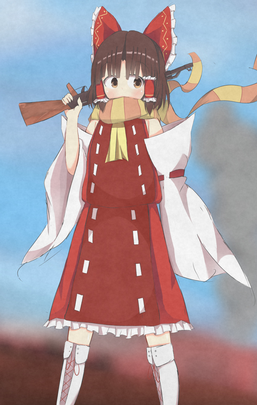 1girl absurdres akabeco benikurage bow brown_eyes brown_hair brown_scarf cookie_(touhou) detached_sleeves eyebrows_visible_through_hair gun hair_bow hair_tubes hakurei_reimu highres holding holding_gun holding_weapon looking_at_viewer multicolored multicolored_clothes multicolored_scarf red_bow scarf short_hair solo touhou weapon