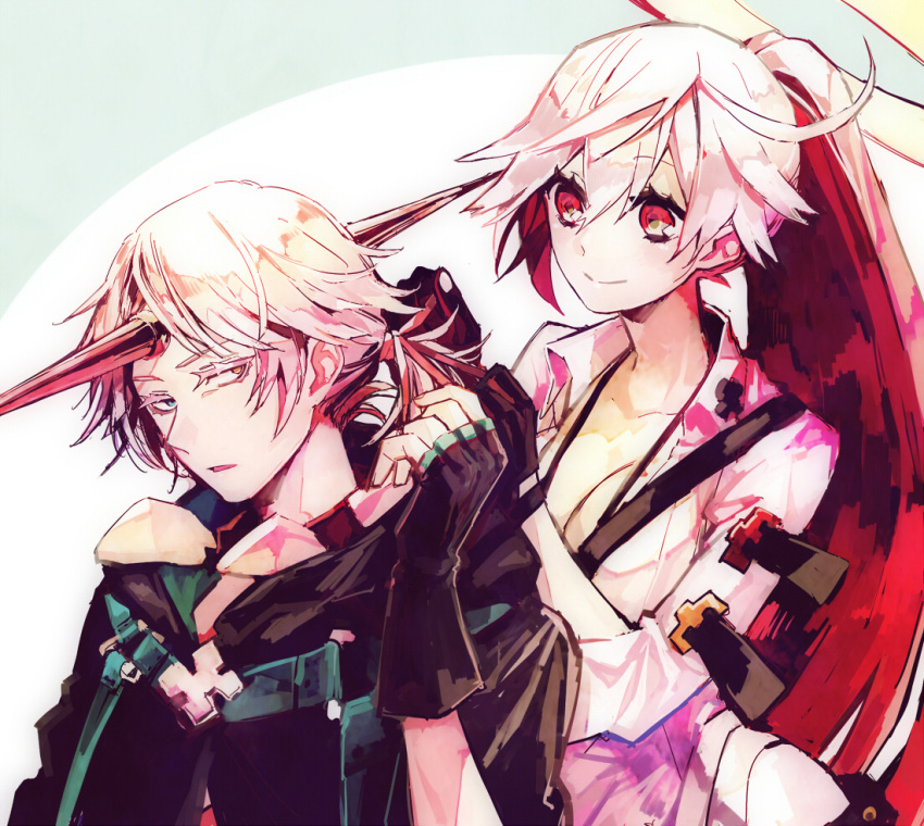 1boy 1girl adjusting_another's_hair black_gloves blue_eyes breasts cleavage fingerless_gloves gloves guilty_gear guilty_gear_xrd heterochromia horns jack-o_(guilty_gear) pink_hair ponytail raven_(guilty_gear) red_eyes redhead smile suzunashi white_hair yellow_eyes