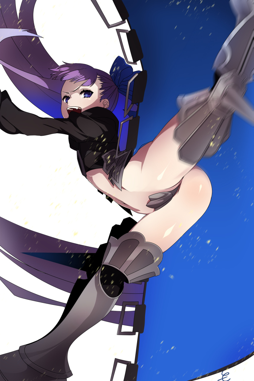 1girl :d ass blue_eyes crotch_plate fate/extra fate/extra_ccc fate_(series) greaves highres long_hair looking_at_viewer meltlilith navel open_mouth purple_hair revealing_clothes shimomoto simple_background smile solo teeth white_background