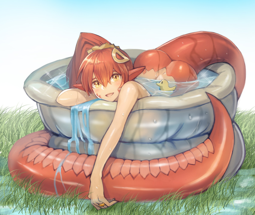 10s absurdres ass day grass hair_ornament highres jewelry lamia leaning_on_object long_hair looking_at_viewer miia_(monster_musume) monster_girl monster_musume_no_iru_nichijou open_mouth outstretched_arm pointy_ears ponytail redhead ring rubber_duck scales sky smile snake_tail sookmo wading_pool water wedding_band yellow_eyes