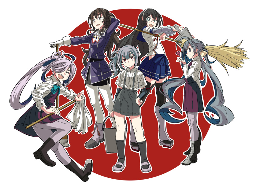 10s 5girls ahoge arm_warmers asashimo_(kantai_collection) ashigara_(kantai_collection) black_legwear blue_eyes boots bow bowtie broom brown_eyes brown_hair bucket cross-laced_footwear dress dustpan from_side glasses gloves grey_hair grey_legwear hair_over_one_eye hairband hand_on_hip headband highres holding_bucket kantai_collection kasumi_(kantai_collection) kiyoshimo_(kantai_collection) lace-up_boots long_hair multiple_girls ndkazh new_year ooyodo_(kantai_collection) open_mouth pantyhose pencil_skirt purple_legwear remodel_(kantai_collection) school_uniform sharp_teeth shirt short_sleeves side_ponytail silver_hair skirt sleeveless sleeveless_dress smile suspenders teeth thigh-highs thigh_boots uniform very_long_hair wavy_hair white_gloves white_legwear white_shirt yellow_eyes