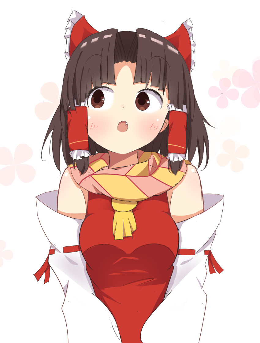1girl absurdres benikurage blush bow brown_eyes brown_hair brown_scarf cookie_(touhou) detached_sleeves eyebrows_visible_through_hair fang hair_bow hair_tubes hakurei_reimu highres looking_away parted_lips red_bow short_hair solo touhou upper_body