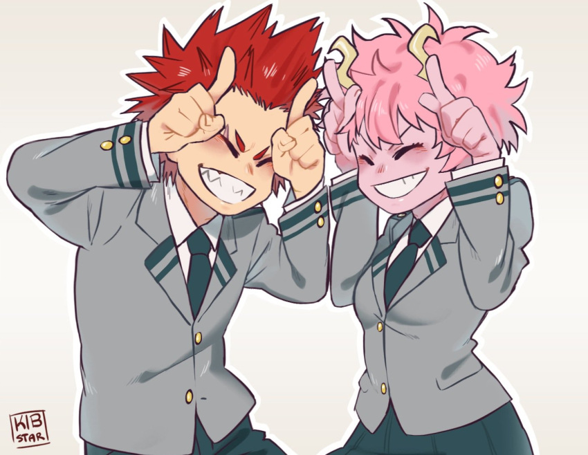 1boy 1girl ashido_mina boku_no_hero_academia closed_eyes grimmy666666 happy horns horns_pose kirishima_eijirou long_sleeves necktie pink_hair pink_skin redhead school_uniform short_hair simple_background smile spiky_hair teeth upper_body white_background