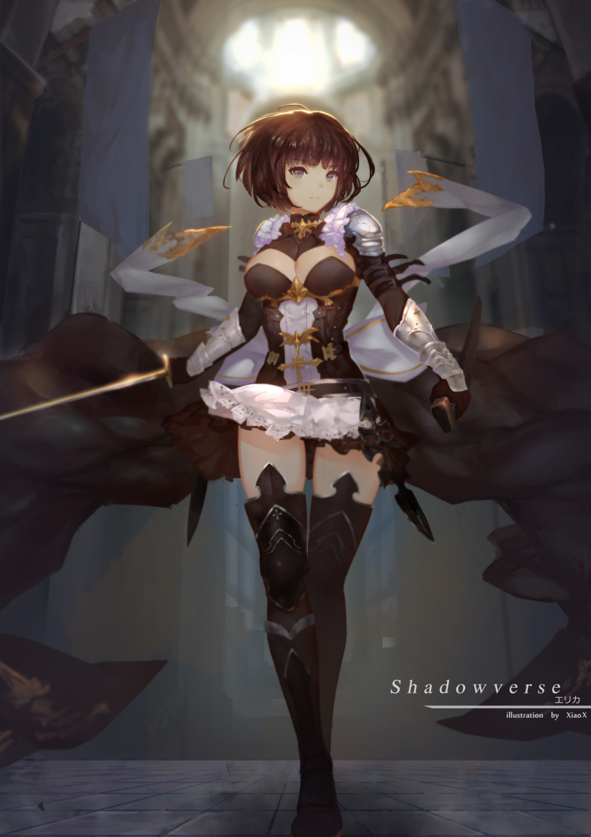 1girl absurdres ahoge armor armored_dress artist_name bangs black_dress blue_eyes breasts brown_hair dress erika_(shadowverse) eyebrows_visible_through_hair full_body gauntlets highres holding holding_sword holding_weapon large_breasts long_sleeves looking_away parted_lips shadowverse short_hair standing sword thigh-highs weapon xiaoxiao zettai_ryouiki