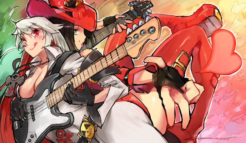 2girls :q ahoge ankh back-to-back bass_guitar black_gloves black_hair boots breasts cleavage colored commentary detached_sleeves electric_guitar fingerless_gloves gloves green_eyes guilty_gear guilty_gear_xrd guitar hat i-no instrument jack-o_(guilty_gear) jacket jewelry kenshin187 lipstick long_hair looking_at_viewer makeup medium_breasts mole_above_mouth multicolored_hair multiple_girls music no_bra outstretched_hand pendant playing_instrument red_eyes red_jacket redhead short_hair silver_hair thigh-highs thigh_boots tongue tongue_out two-tone_hair witch_hat