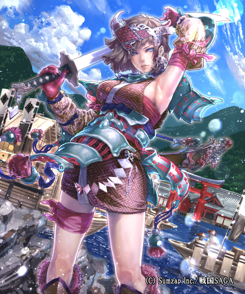 1girl arm_up armor armpits blue_eyes blue_sky boat boots breasts brown_hair cleavage closed_mouth cowboy_shot day earrings gloves headgear highres holding holding_sword holding_weapon japanese_armor japanese_clothes jewelry kaburagi_yasutaka knee_boots large_breasts light_smile looking_away ocean official_art outdoors purple_gloves sengoku_saga short_hair sky solo sword watercraft weapon