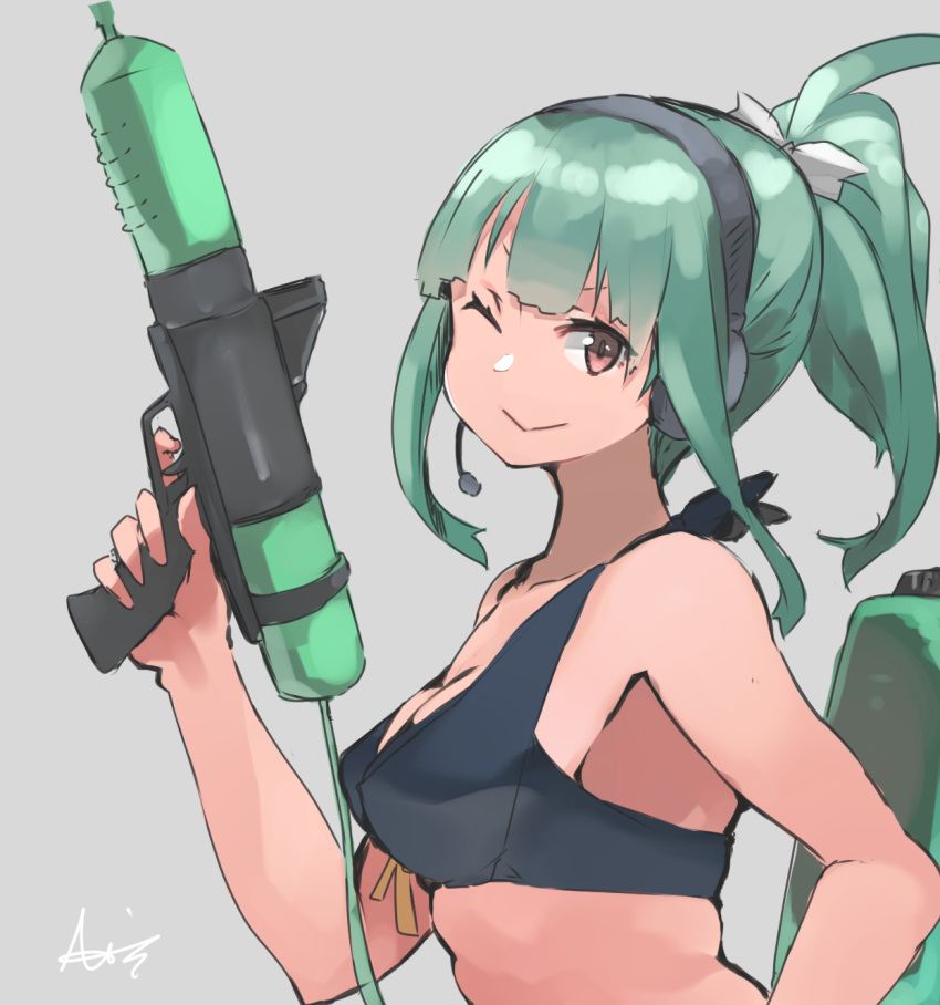 1girl artist_name bangs bikini black_bikini blunt_bangs breasts brown_eyes green_hair grey_background headgear headset highres kantai_collection looking_at_viewer medium_breasts microphone one_eye_closed ponytail simple_background solo sunday_aki swimsuit upper_body water_gun yuubari_(kancolle)