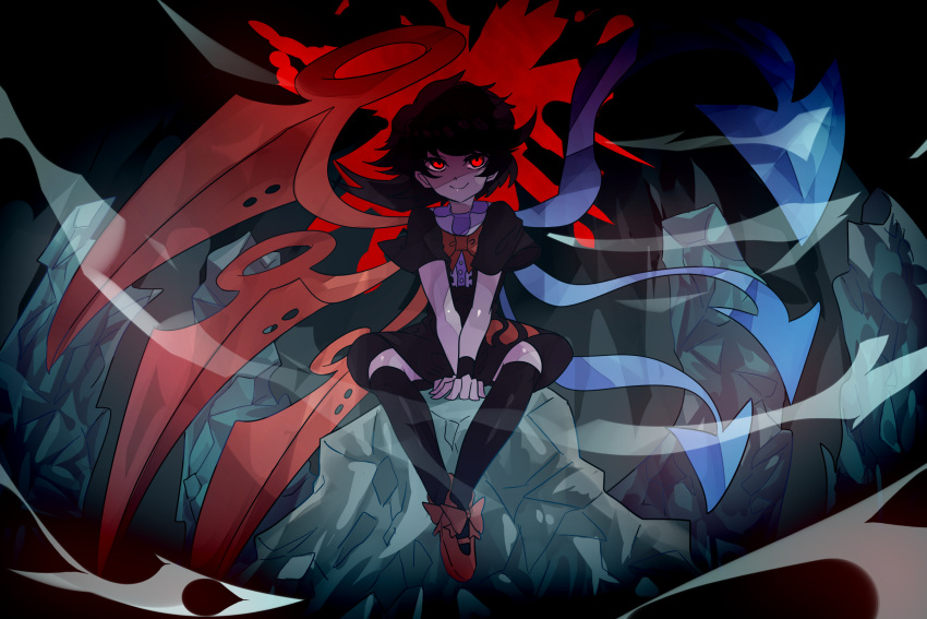 1girl asuku_(69-1-31) asymmetrical_wings black_dress black_hair black_legwear bow bowtie commentary_request dress full_body high_heels highres houjuu_nue looking_at_viewer red_bow red_bowtie red_eyes red_shoes shoe_bow shoes short_dress short_sleeves sitting smile solo thigh-highs touhou v_arms wings wrist_cuffs