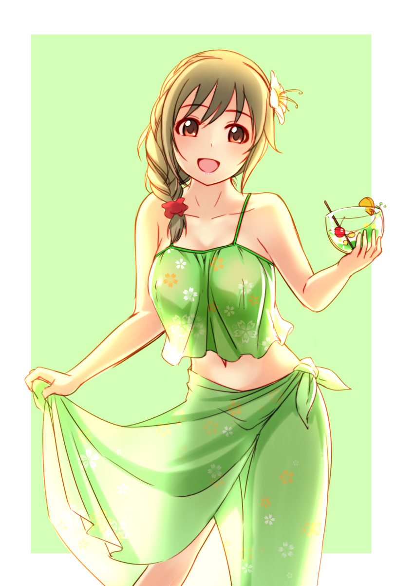 10s 1girl absurdres bare_shoulders blush breasts brown_eyes brown_hair cleavage collarbone cup drinking_glass drinking_straw eyebrows_visible_through_hair flower hair_flower hair_ornament highres holding holding_drinking_glass idolmaster idolmaster_cinderella_girls jakelian large_breasts looking_at_viewer navel open_mouth senkawa_chihiro smile solo