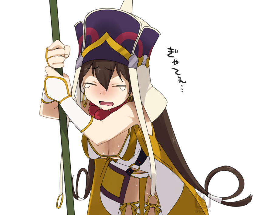 1girl breasts brown_hair cleavage closed_eyes earrings fate/grand_order fate_(series) hat jewelry long_hair open_mouth shimomoto solo sweat tears xuanzang_(fate/grand_order)