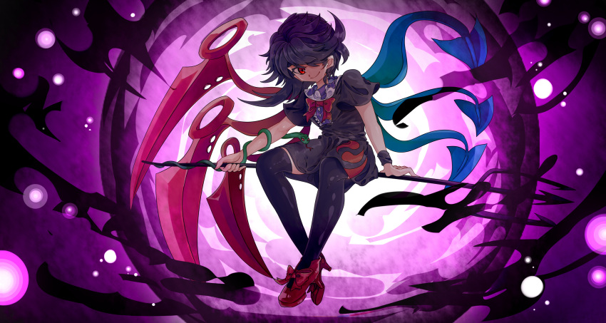 1girl asuku_(69-1-31) asymmetrical_wings black_dress black_hair black_legwear bow bowtie commentary_request dress full_body hair_over_one_eye high_heels highres holding holding_weapon houjuu_nue looking_at_viewer polearm red_bow red_bowtie red_eyes red_shoes shoe_bow shoes short_dress short_sleeves smile snake solo thigh-highs touhou trident weapon wings wrist_cuffs