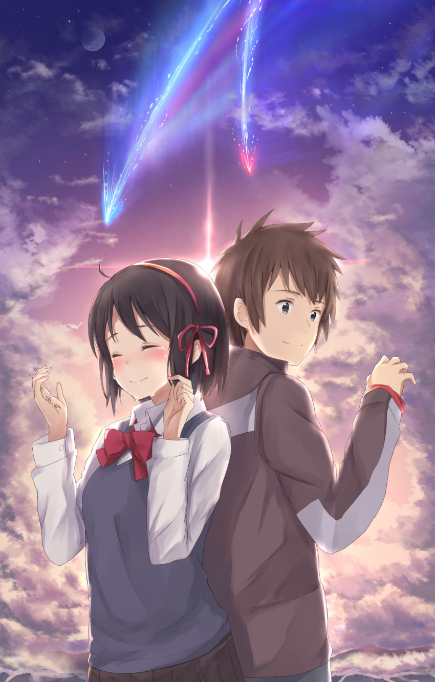 1boy 1girl ^_^ back-to-back bangs black_hair black_skirt blue_eyes blush bow bowtie brown_hair closed_eyes clouds cloudy_sky collared_shirt comet evening hand_up hands_up happy_tears highres kimi_no_na_wa long_sleeves maosame miyamizu_mitsuha outdoors pleated_skirt red_bow red_bowtie school_uniform shirt shooting_star short_hair skirt sky smile sweater_vest tachibana_taki tears twilight white_shirt