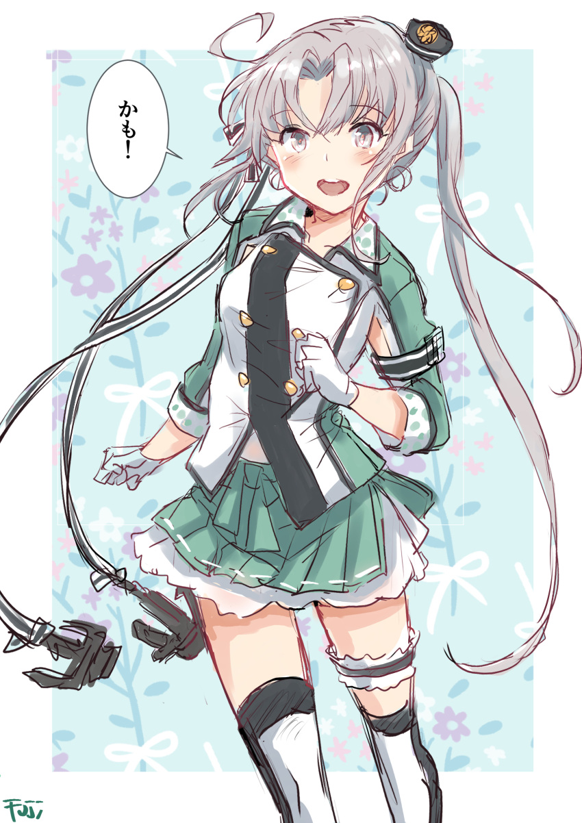 1girl ahoge akitsushima_(kancolle) anchor_hair_ornament armpit_cutout bridal_garter clothing_cutout commentary_request feet_out_of_frame floral_background fuji_(pixiv24804665) green_skirt grey_eyes hair_ornament hat highres kantai_collection military_uniform mini_hat side_ponytail skirt smile solo thigh-highs uniform white_thighhighs