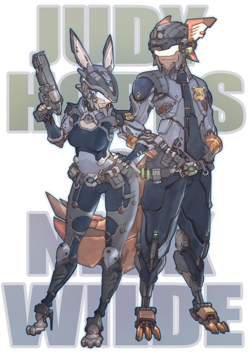 animal_ears character_name cyborg fox fox_ears full_body highres holding_pistol judy_hopps looking_at_another mecha mechanization nick_wilde no_humans police rabbit rabbit_ears standing subaru_(jkworks) zootopia