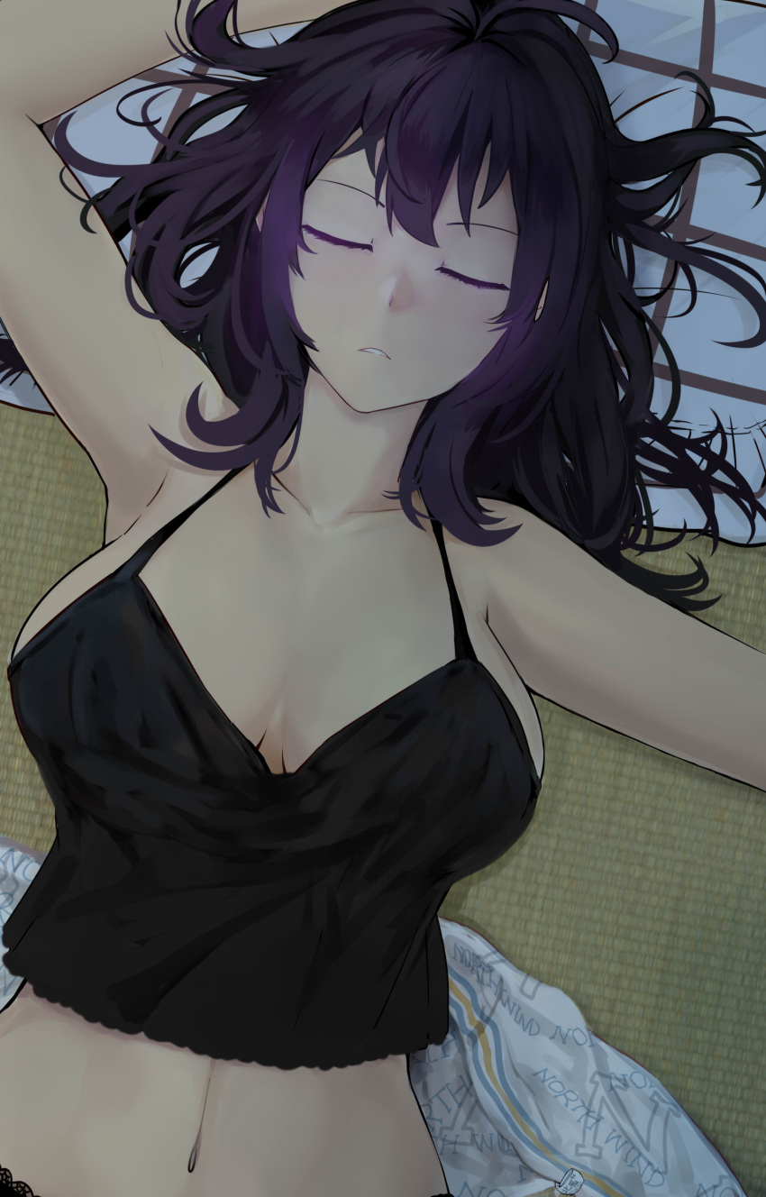 1girl absurdres beifeng_han black_hair breasts camisole closed_eyes crop_top from_above half-closed_eyes halterneck highres large_breasts long_hair looking_at_viewer lying midriff miyaura_sanshio navel on_back original sleeping sleepwear upper_body