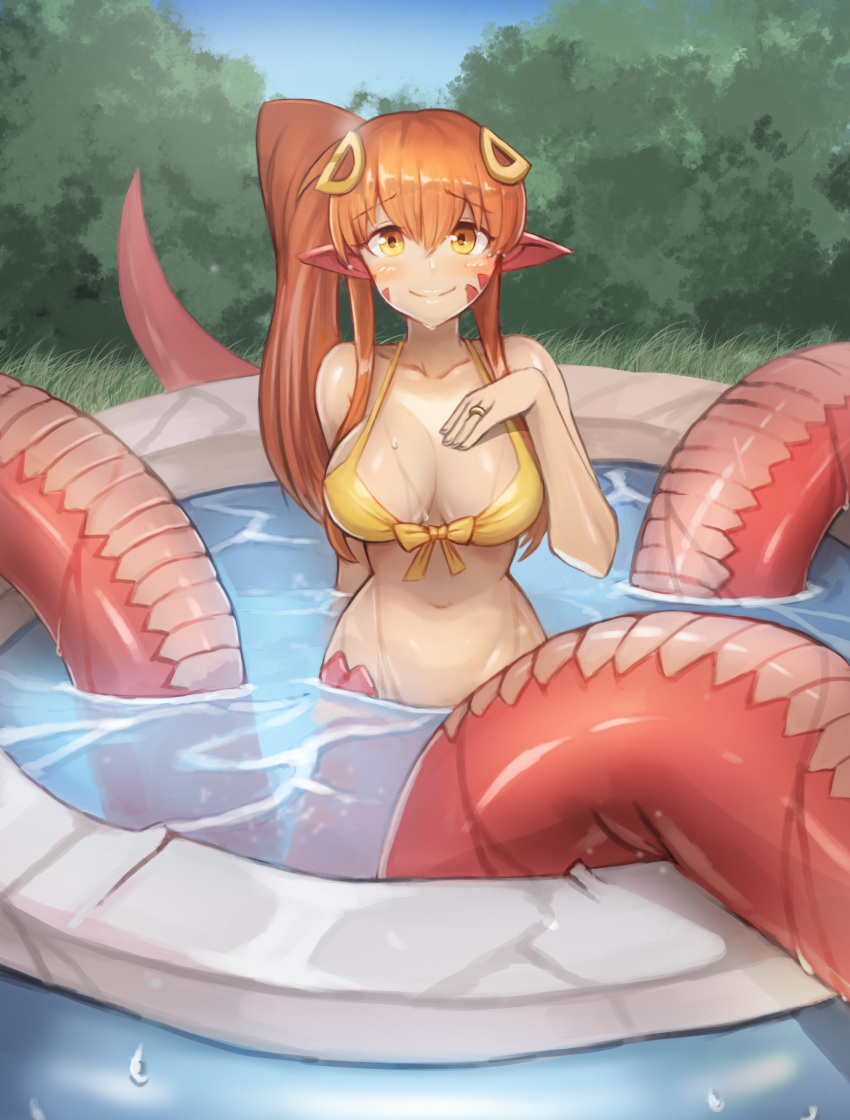 10s 1girl absurdres bare_shoulders bikini_top breasts bush cleavage collarbone day eyebrows_visible_through_hair grass hair_between_eyes hair_ornament hairclip hand_on_own_chest highres jewelry lamia long_hair looking_at_viewer medium_breasts miia_(monster_musume) monster_girl monster_musume_no_iru_nichijou navel orange_hair outdoors partially_submerged pointy_ears revision ring scales side_ponytail smile solo sookmo swimsuit wading_pool water water_drop wedding_band yellow_bikini_top yellow_eyes