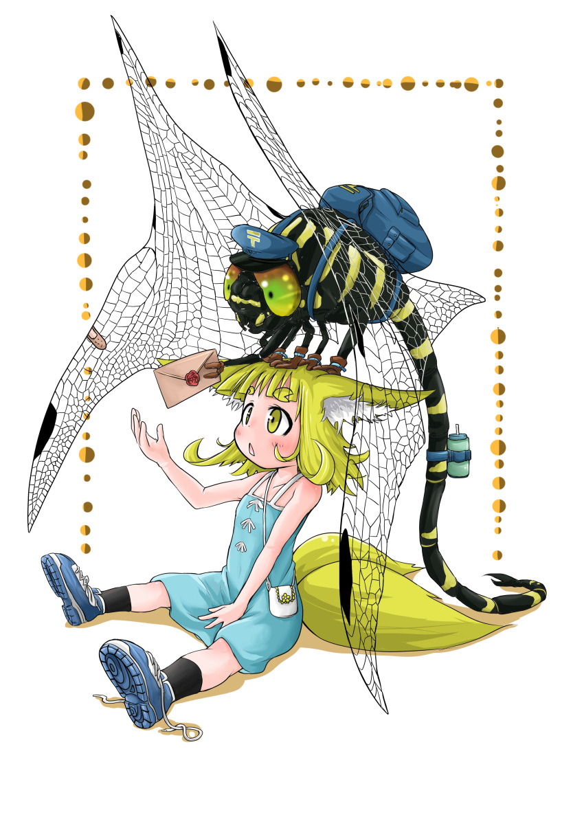 :o absurdres animal animal_ears animal_in_clothes backpack bag bandaid_on_wing bare_shoulders black_legwear blonde_hair blue_dress blue_shoes child doitsuken dragonfly dragonfly_wings dress fox_ears fox_tail hat highres holding_letter insect letter mailman multiple_tails original outstretched_arm oversized_animal shoes short_hair tail thick_eyebrows torii untied_shoes yellow_eyes