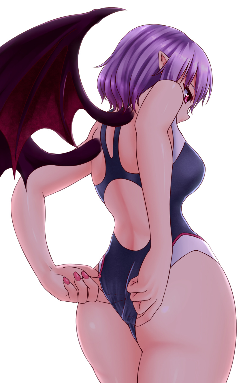 1girl absurdres adjusting_clothes adjusting_swimsuit ass bat_wings competition_swimsuit cowboy_shot from_behind from_below highres one-piece_swimsuit pointy_ears purple_hair red_eyes remilia_scarlet short_hair simple_background solo standing swimsuit touhou white_background wings zeramu