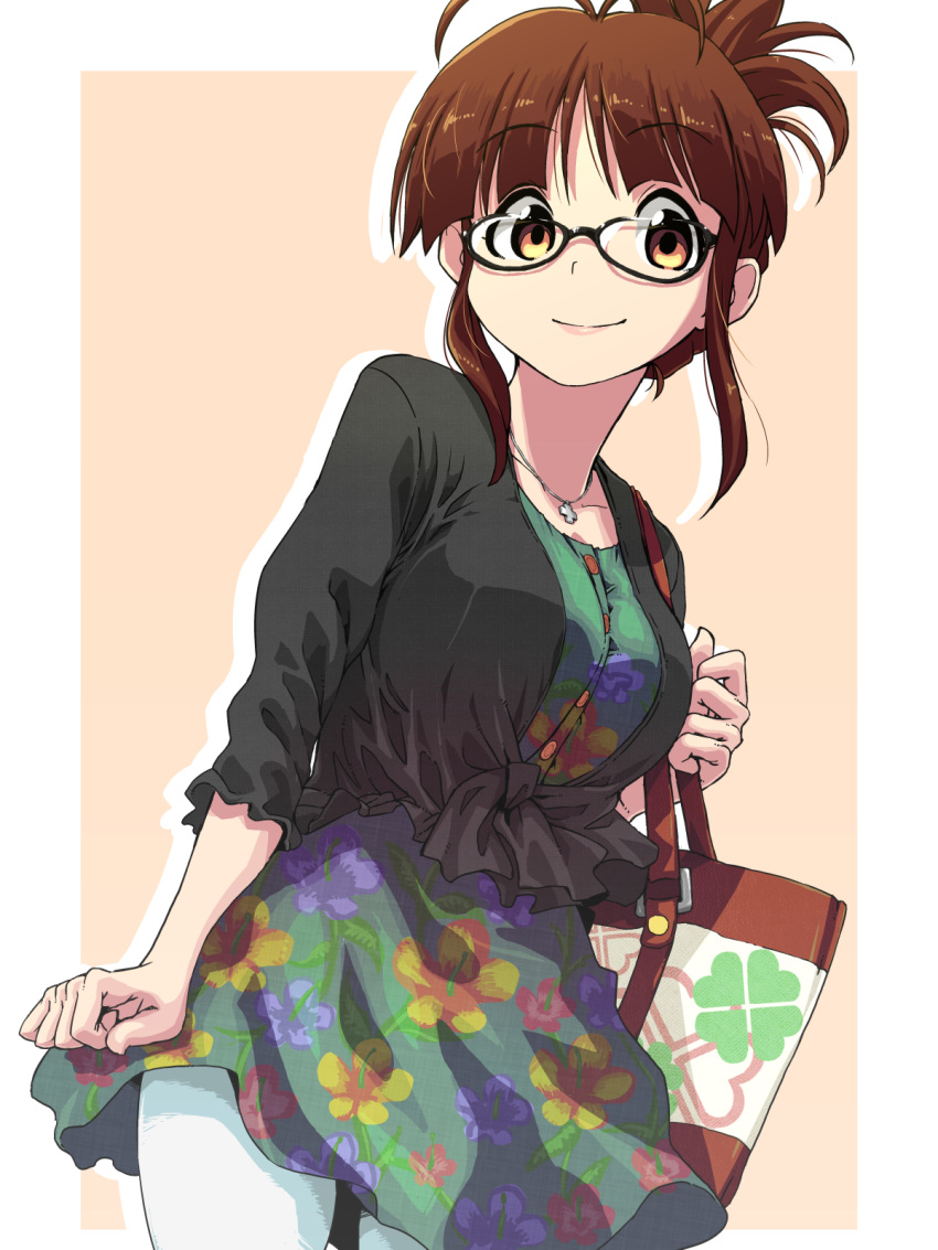 akizuki_ritsuko antenna_hair bag brown_eyes brown_hair dress folded_ponytail glasses highres idolmaster idolmaster_2 moyamu pantyhose smile tagme