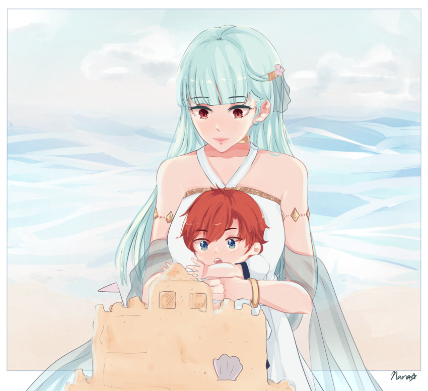 1boy 1girl baby bare_shoulders beach bikini blue_eyes blue_hair blush dress fire_emblem fire_emblem:_fuuin_no_tsurugi fire_emblem:_rekka_no_ken fire_emblem_heroes long_hair mother_and_son nana_(mizukas) ninian open_mouth red_eyes redhead roy_(fire_emblem) short_hair silver_hair smile swimsuit younger