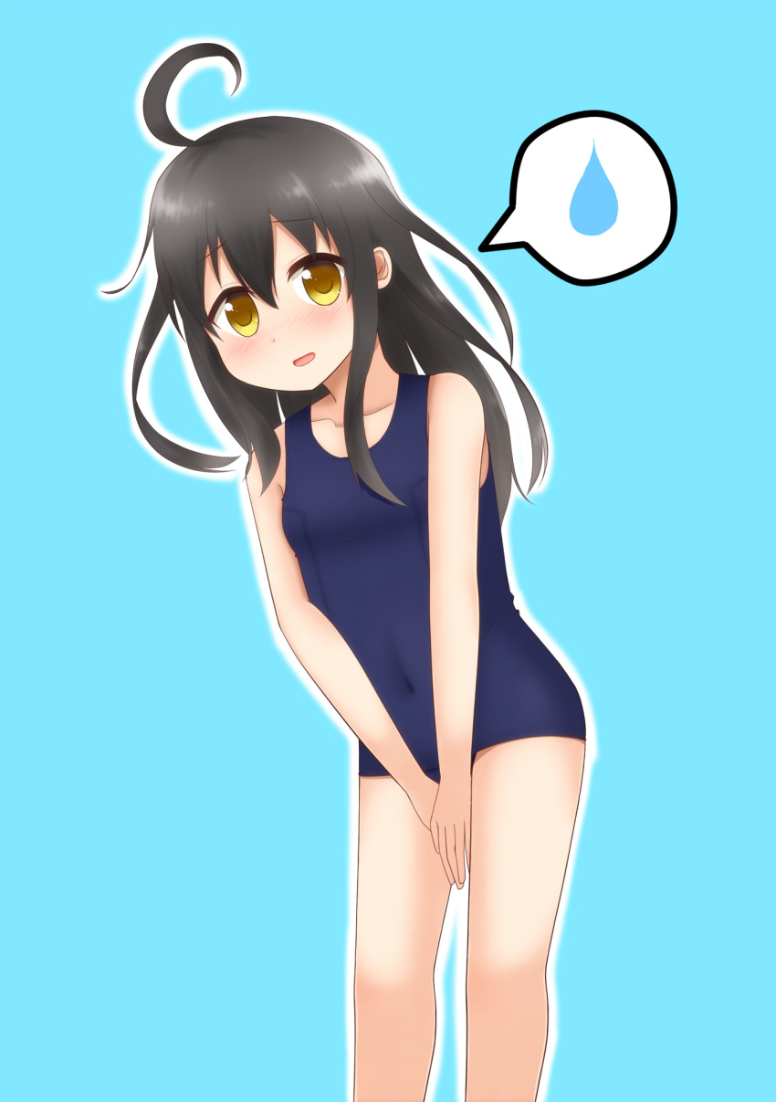 10s 1girl al-heart antenna_hair aqua_background black_hair breasts embarrassed highres kantai_collection long_hair looking_at_viewer mikazuki_(kantai_collection) open_mouth school_swimsuit small_breasts smile solo swimsuit yellow_eyes