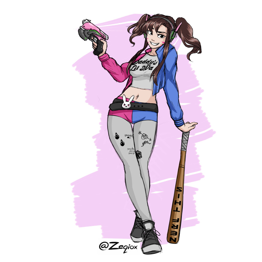 1girl absurdres animal_print arm_support baseball_bat belt belt_buckle breasts brown_eyes brown_hair buckle bunny_belt_buckle clothes_writing crop_top d.va_(overwatch) dc_comics facepaint facial_mark finger_on_trigger full_body fusion grey_legwear grey_shirt gun handgun harley_quinn headphones highres holding holding_gun holding_weapon jacket long_hair looking_at_viewer medium_breasts midriff navel overwatch pantyhose pantyhose_under_shorts pistol shirt shoes shorts sketch smile sneakers solo standing suicide_squad twintails twitter_username weapon whisker_markings white_background zeqiox