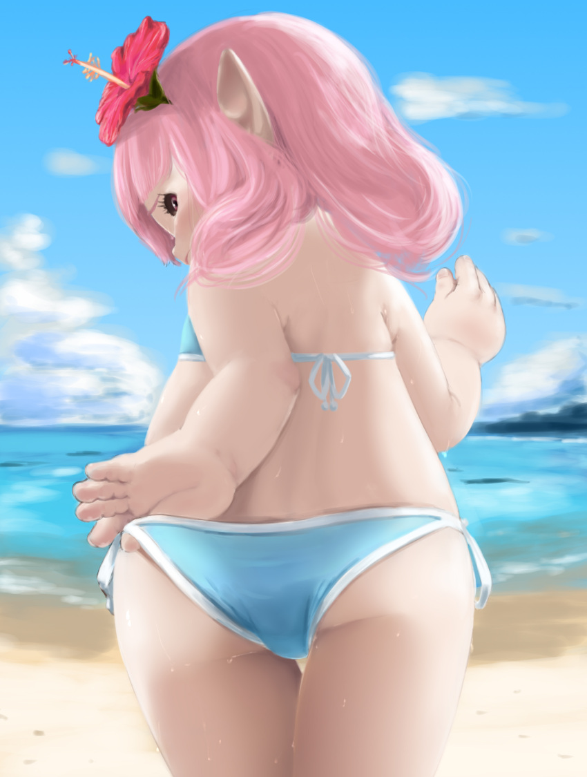 1girl adjusting_clothes adjusting_swimsuit arm_up ass beach bikini black_sclera blue_bikini clouds final_fantasy final_fantasy_xiv flat_chest flower from_behind hair_flower hair_ornament highres konbu326 lalafell leaning_forward looking_back ocean outdoors pink_eyes pink_hair pointy_ears short_hair side-tie_bikini sky solo swimsuit thigh_gap