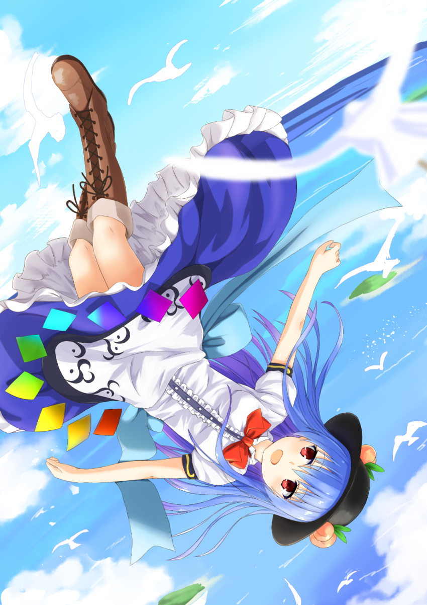 1girl :d bangs bird black_hat blouse blue_hair blue_skirt blue_sky bluekalmia blush boots bow bowtie brown_boots clouds cross-laced_footwear food foreshortening frills fruit full_body hat highres hinanawi_tenshi island lace-up_boots leaf long_hair looking_away ocean open_mouth outstretched_arms peach puffy_short_sleeves puffy_sleeves rainbow_order red_bow red_bowtie red_eyes short_sleeves skirt sky smile solo spread_arms touhou upside-down white_blouse