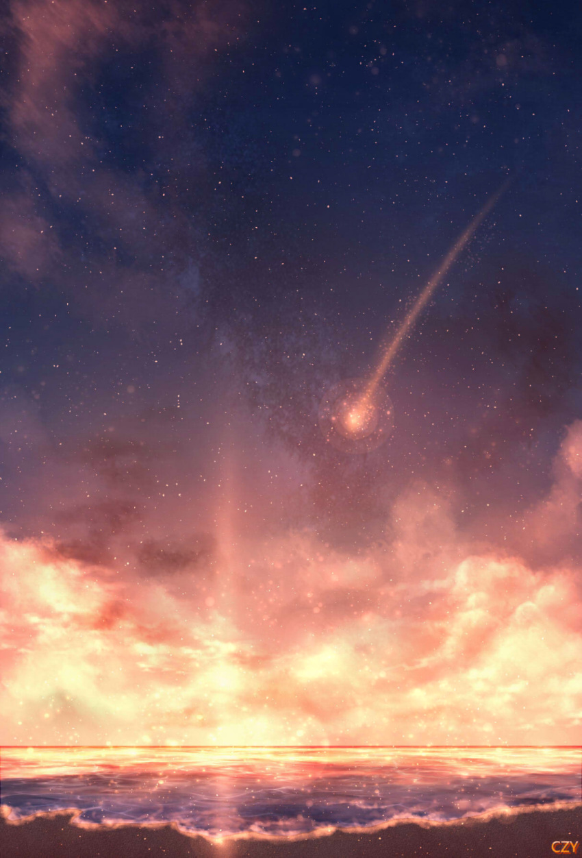 artist_name clouds czy_(2894456992) highres night night_sky no_humans ocean original scenery shooting_star sky star_(sky) starry_sky