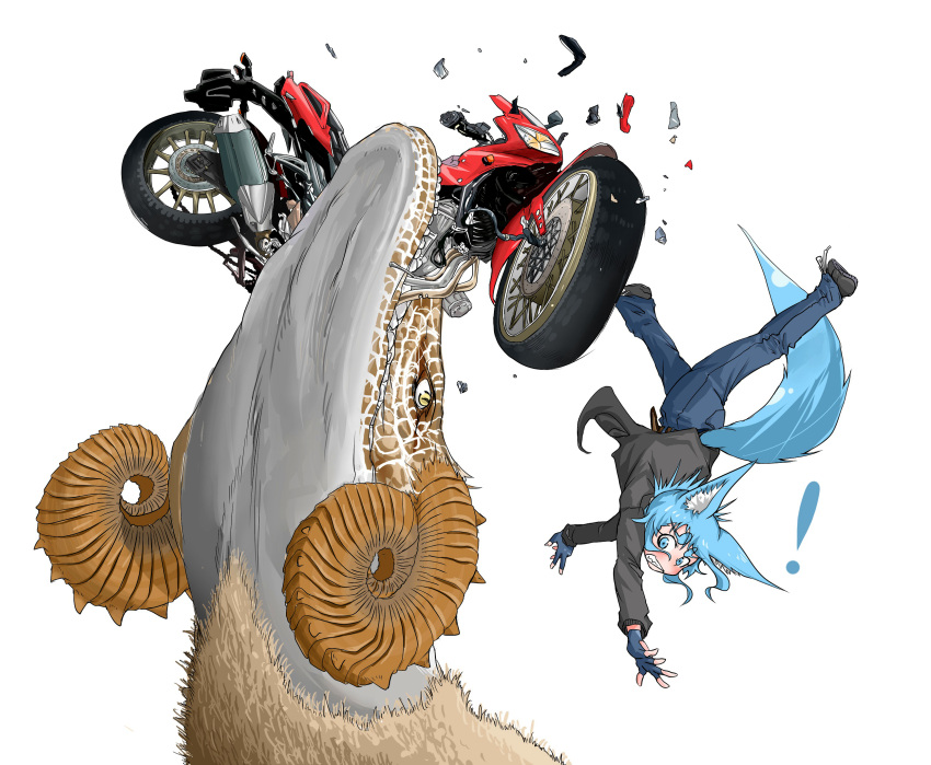 animal animal_ears black_jacket blue_eyes blue_fur blue_hair blue_pants crocodile crocodilian destruction doitsuken falling fingerless_gloves fox_ears fox_girl fox_tail fur gloves ground_vehicle highres horns jacket looking_at_another motor_vehicle motorcycle original oversized_animal pants surprised tail